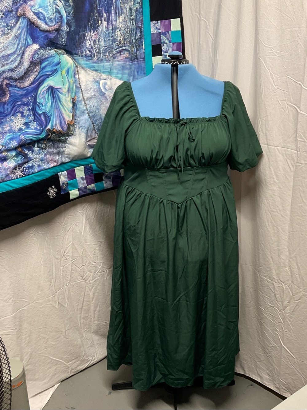SHEIN Dark Green Midi Dress with Puff Sleeves